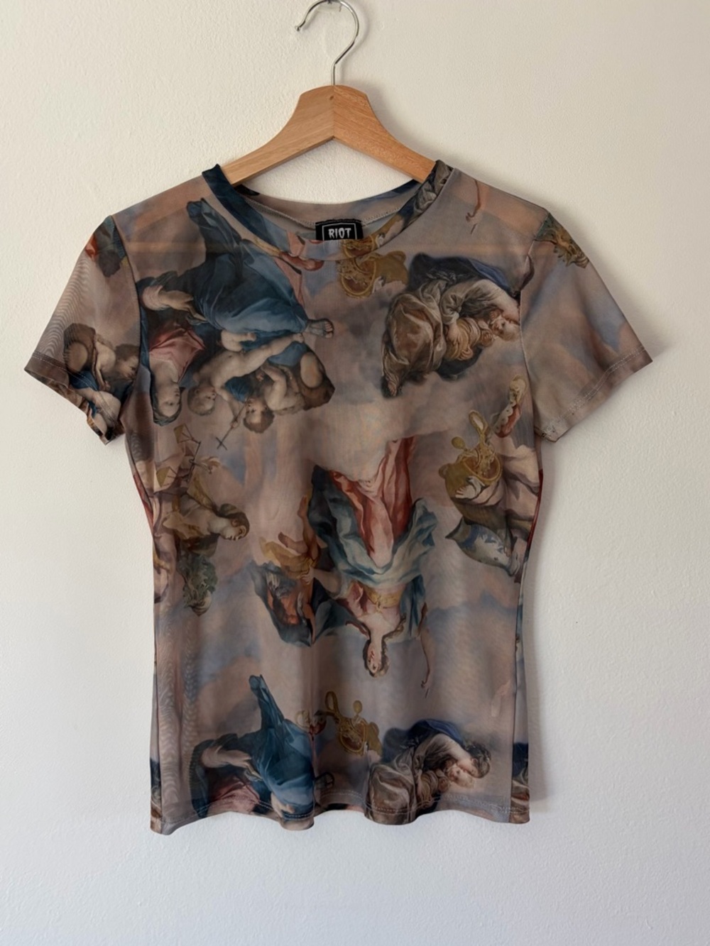 Riot Queen Angelic Religious Figures Baroque Art Short Sleeve Mesh Top Size XL